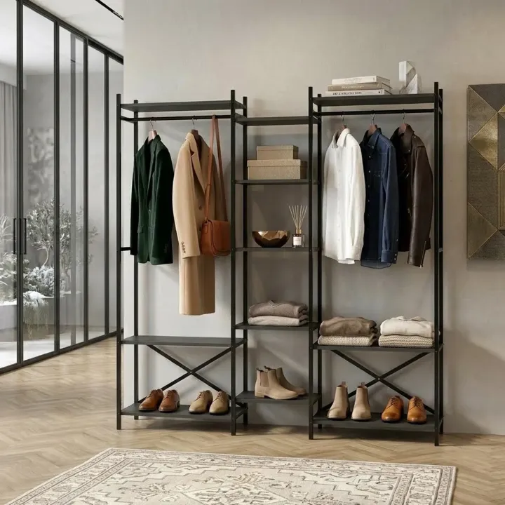 Armadio aperto con appendiabiti 172x181h cm 4 ripiani industrial metallo antracite Loft