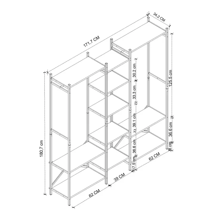 Armadio aperto con appendiabiti 172x181h cm 4 ripiani industrial metallo antracite Loft