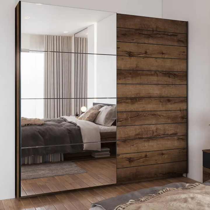 Armadio con specchio 221x210h cm 2 ante scorrevoli rovere scuro Lisbona Gihome®