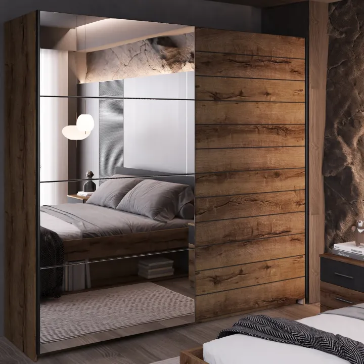 Armadio con specchio 221x210h cm 2 ante scorrevoli rovere scuro Lisbona Gihome®