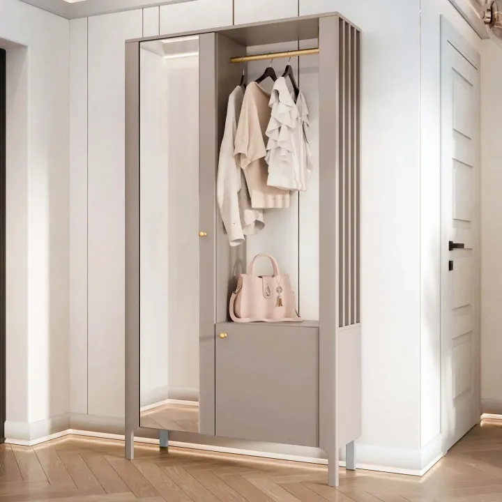 Armadio ingresso 105x197h cm con specchio e appendiabiti beige cashmere Elyana