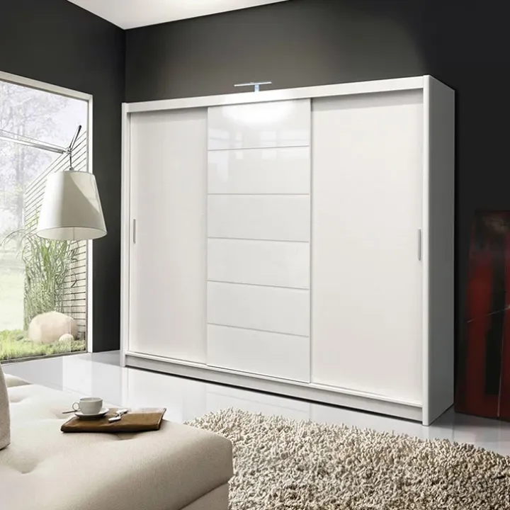 Armadio scorrevole 250x215h cm 3 ante moderno cassetti e led bianco Larissa