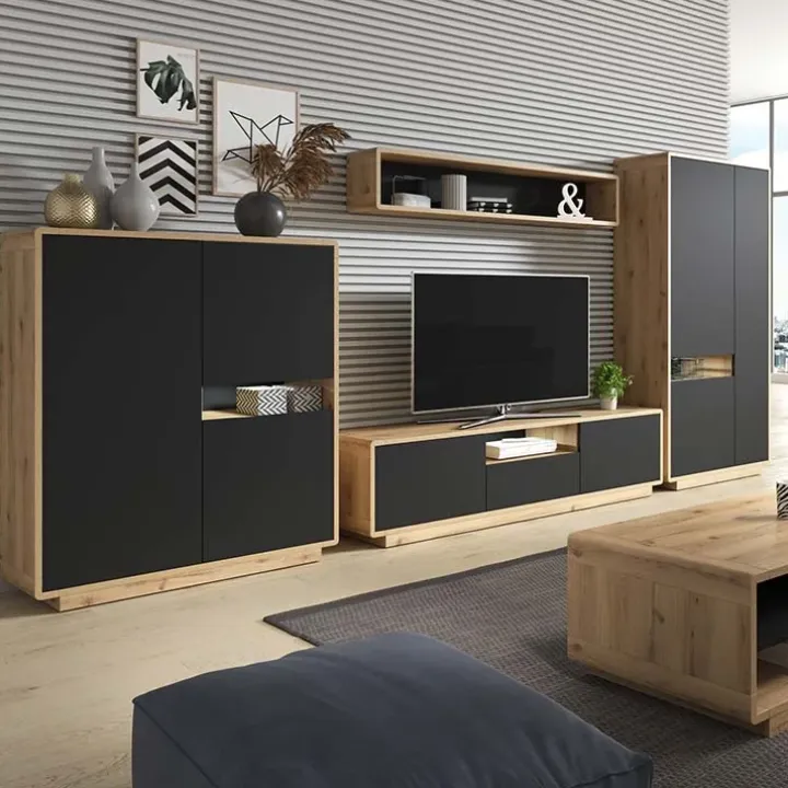 Armadio soggiorno 92x181h cm 3 ante moderno nero opaco rovere Esmond