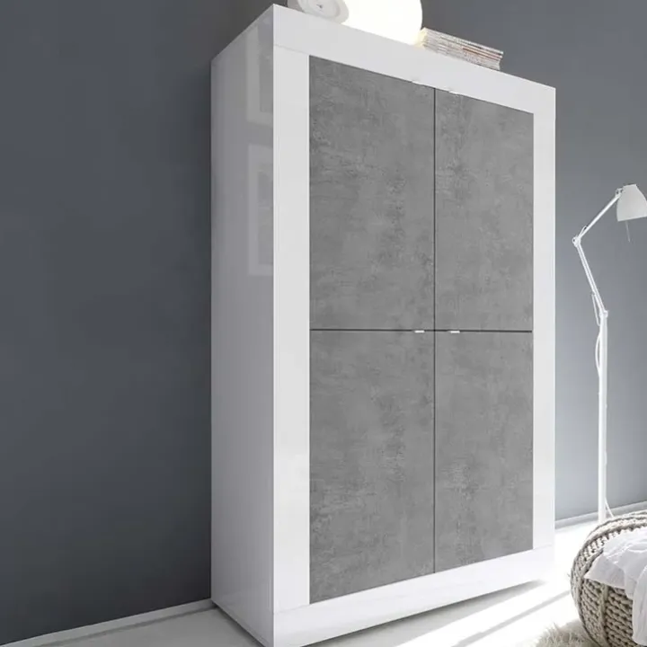 Armadio soggiorno 102x162h cm 4 ante moderno bianco lucido cemento Eternity