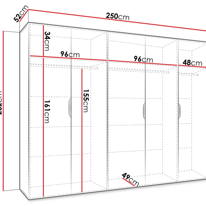 Armadio 250x202 cm 5 ante con specchio bianco opaco Valencia