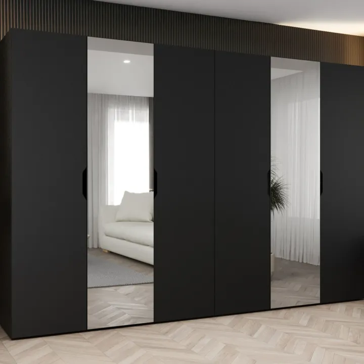Armadio 300x202 cm 6 ante con specchio nero opaco Valencia