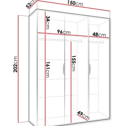 Armadio 150x202 cm 3 ante con specchio nero opaco Valencia