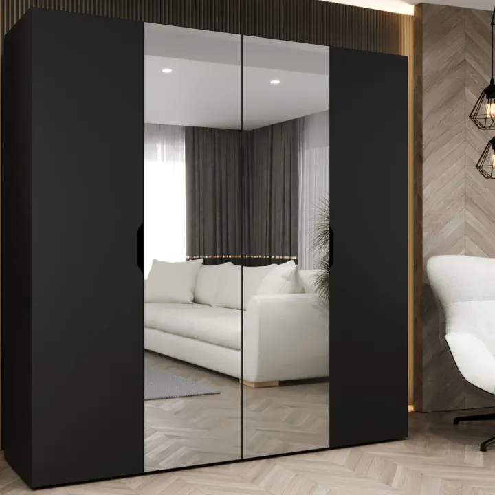 Armadio 200x202 cm 4 ante con specchio nero opaco Valencia