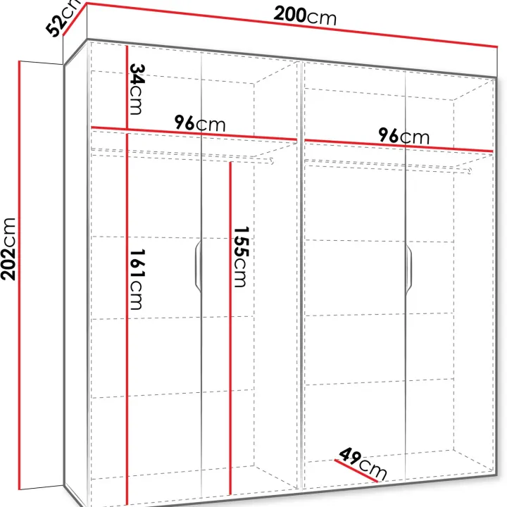 Armadio 200x202 cm 4 ante con specchio nero opaco Valencia