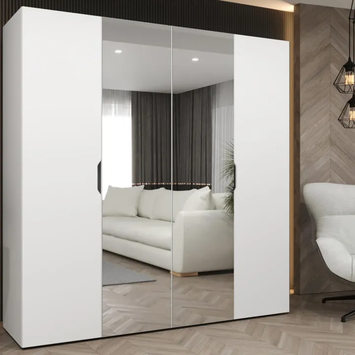 Armadio 200x202 cm 4 ante con specchio bianco opaco Valencia