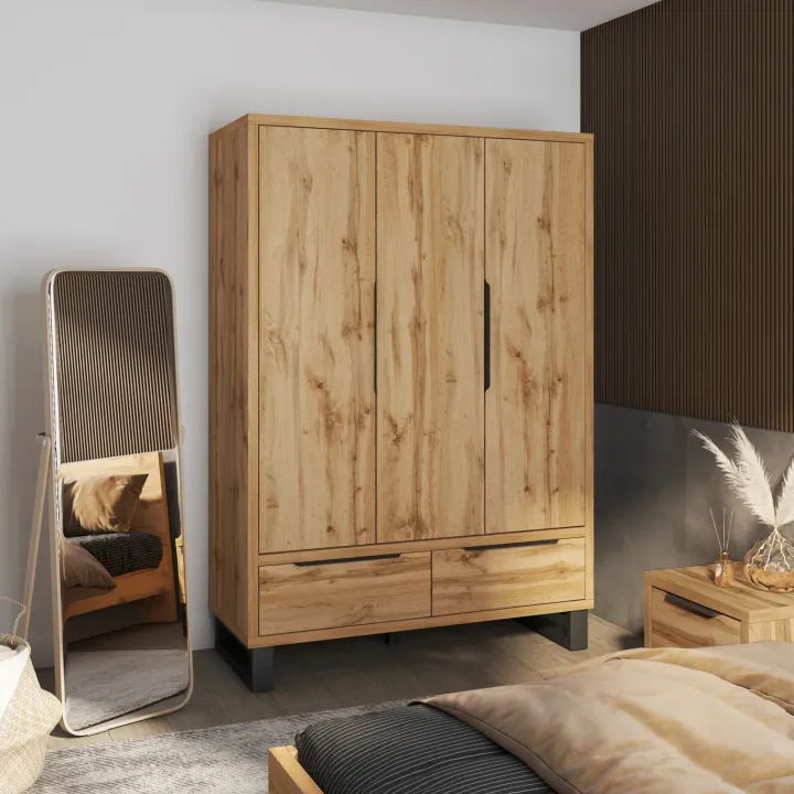 Armadio 145x210h cm 3 ante battenti 2 cassetti rovere Petra