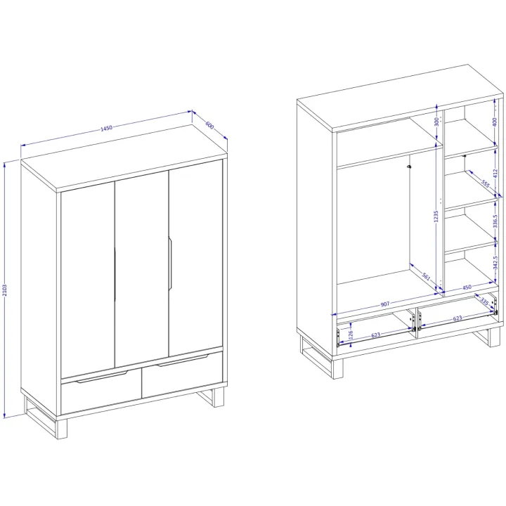 Armadio 145x210h cm 3 ante battenti 2 cassetti rovere Petra