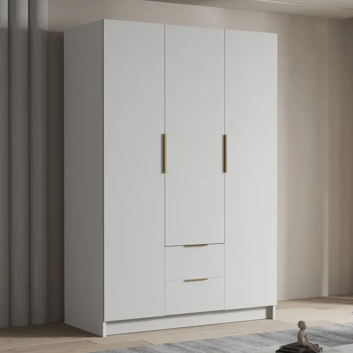 Armadio 150x216h cm 3 ante battenti 2 cassetti bianco opaco Ampy