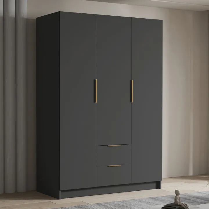 Armadio 150x216h cm 3 ante battenti 2 cassetti nero opaco Ampy