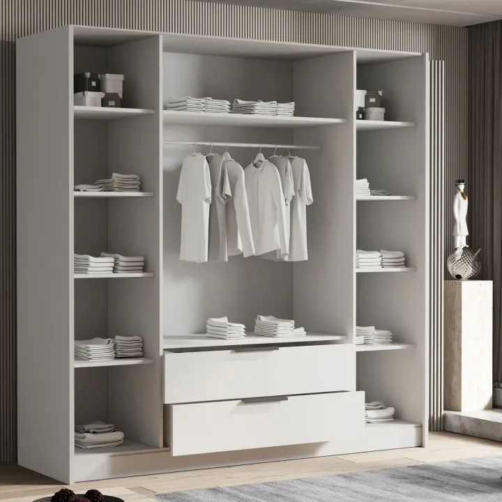 Armadio 200x216h cm 4 ante battenti 2 cassetti bianco opaco Ampy