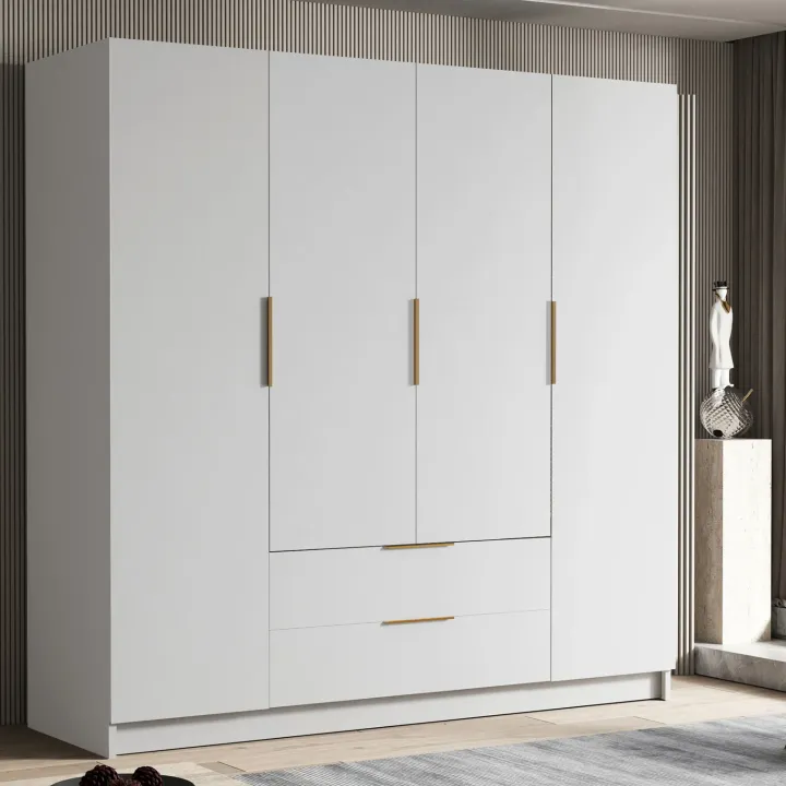 Armadio 200x216h cm 4 ante battenti 2 cassetti bianco opaco Ampy