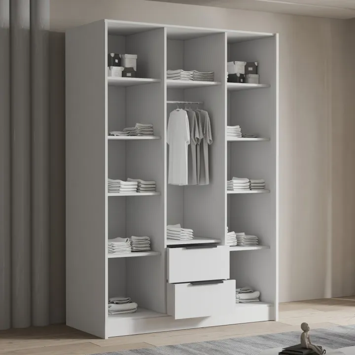 Armadio 150x216h cm 3 ante battenti con specchio 2 cassetti bianco opaco Ampy