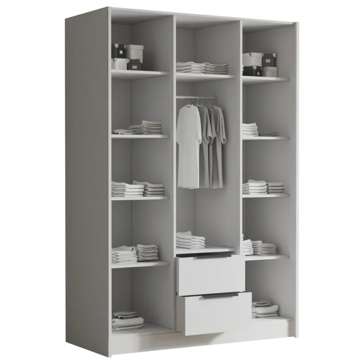 Armadio 150x216h cm 3 ante battenti con specchio 2 cassetti bianco opaco Ampy