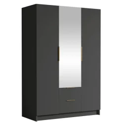 Armadio 150x216h cm 3 ante battenti con specchio 2 cassetti nero opaco Ampy