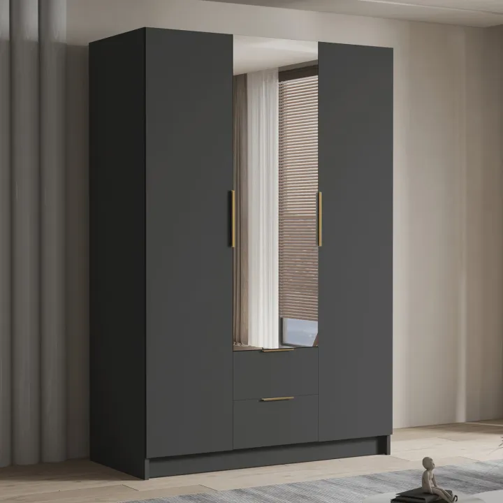 Armadio 150x216h cm 3 ante battenti con specchio 2 cassetti nero opaco Ampy
