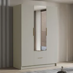 Armadio 150x216h cm 3 ante battenti con specchio 2 cassetti beige cashmere Ampy