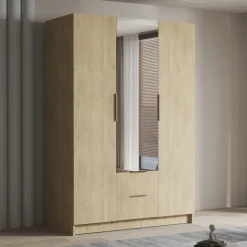 Armadio 150x216h cm 3 ante battenti con specchio 2 cassetti rovere Ampy