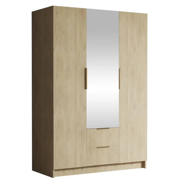 Armadio 150x216h cm 3 ante battenti con specchio 2 cassetti rovere Ampy