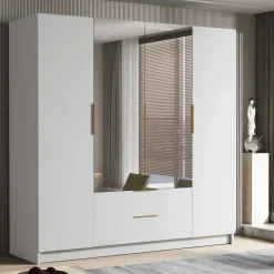 Armadio 200x216h cm 4 ante battenti con specchio 2 cassetti bianco opaco Ampy