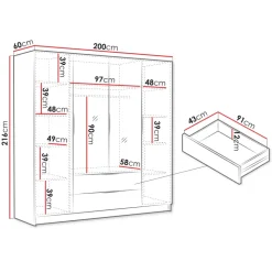 Armadio 200x216h cm 4 ante battenti con specchio 2 cassetti bianco opaco Ampy