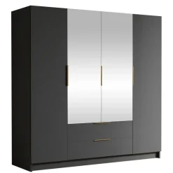 Armadio 200x216h cm 4 ante battenti con specchio 2 cassetti nero opaco Ampy