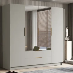 Armadio 200x216h cm 4 ante battenti con specchio 2 cassetti beige cashmere Ampy