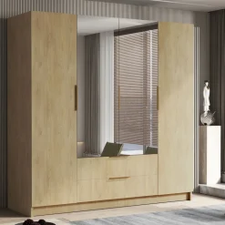 Armadio 200x216h cm 4 ante battenti con specchio 2 cassetti rovere Ampy