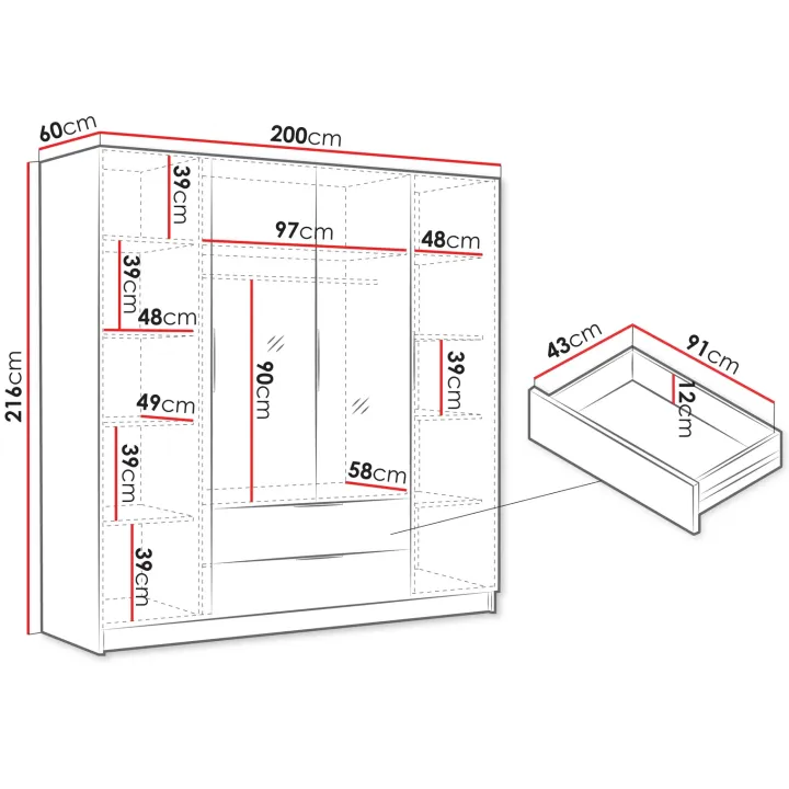 Armadio 200x216h cm 4 ante battenti con specchio 2 cassetti rovere Ampy