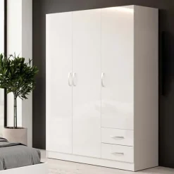 Armadio 120x181h cm 3 ante 2 cassetti moderno bianco lucido Tropea