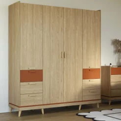 Armadio 190x215h cm 4 ante 6 cassetti rovere rosso mattone Yu