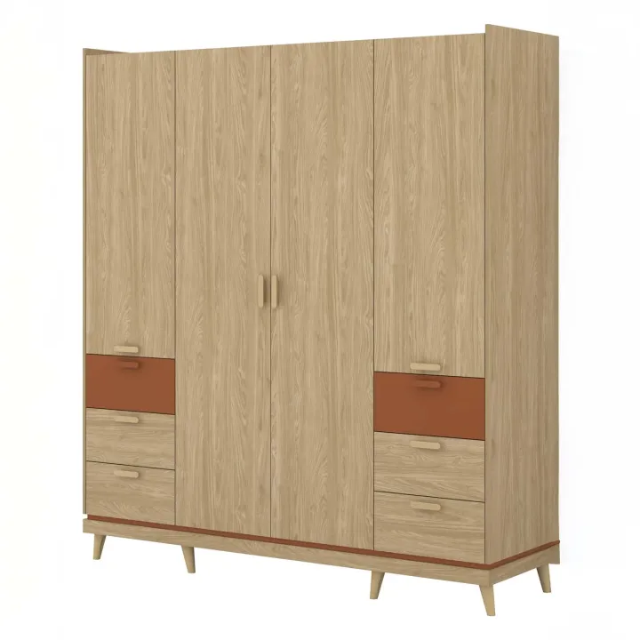 Armadio 190x215h cm 4 ante 6 cassetti rovere rosso mattone Yu