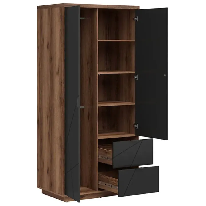 Armadio 94x201h cm 2 ante 2 cassetti rovere scuro nero opaco Elin