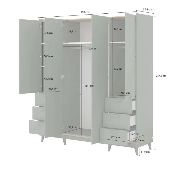 Armadio 190x215h cm 4 ante 6 cassetti verde salvia Yu