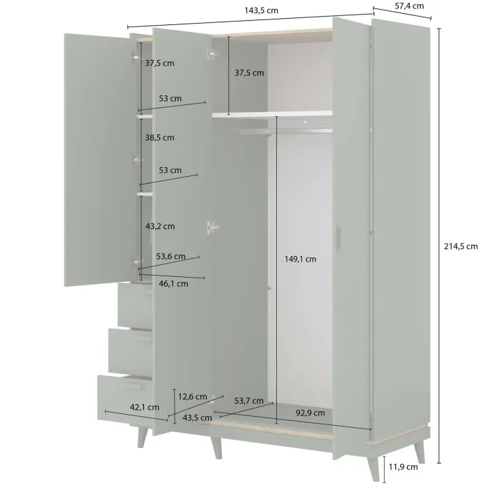 Armadio 144x215h cm 3 ante 3 cassetti verde salvia Yu