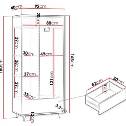 Armadio 92x180h cm 2 ante 1 cassetto cannettato soggiorno cannettato rovere Branch