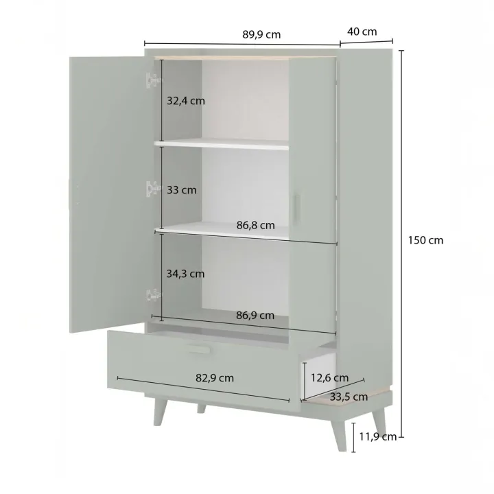 Armadio 90x150h cm 2 ante 1 cassetto verde salvia Yu