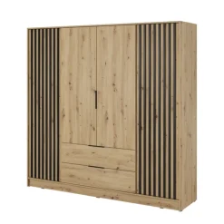Armadio 206x200h cm 4 ante con cassetti moderno quercia nero Miller
