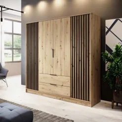 Armadio 206x200h cm 4 ante con cassetti moderno quercia nero Miller