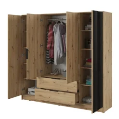 Armadio 206x200h cm 4 ante con cassetti moderno quercia nero Miller