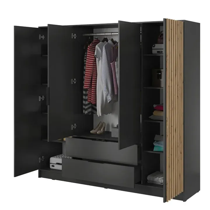 Armadio 206x200h cm 4 ante con cassetti antracite quercia Miller