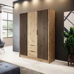 Armadio 155x200h cm 3 ante con cassetti moderno quercia nero Miller