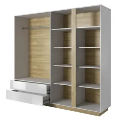 Armadio 220x203h cm 4 ante con cassetti moderno bianco lucido rovere Noa