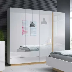 Armadio 220x203h cm 4 ante con cassetti moderno bianco lucido rovere Noa