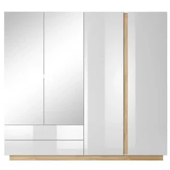 Armadio 220x203h cm 4 ante con cassetti moderno bianco lucido rovere Noa