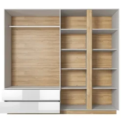 Armadio 220x203h cm 4 ante con cassetti moderno bianco lucido rovere Noa